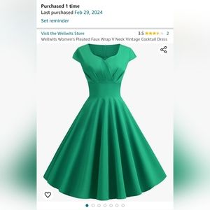 Green Pleated V Neck Vintage Style Dress